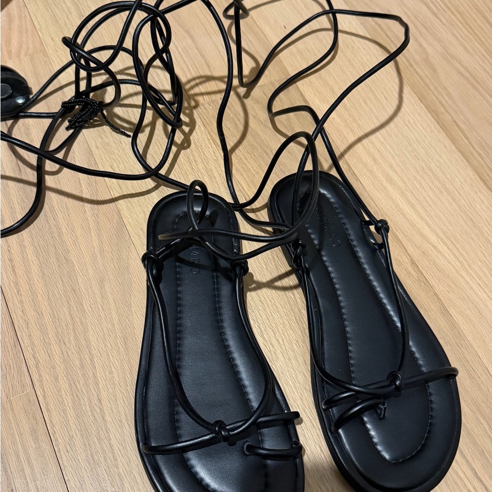 FARM Rio Black Lace-Up Leather Sandals